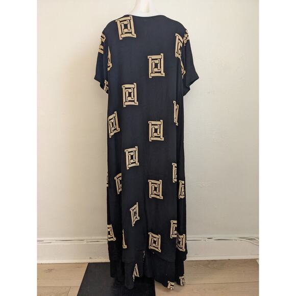 Vintage Krisa Medium Overlay Maxi Dress Black Tan Windowpane Short Sleeves Boho - Picture 13 of 15